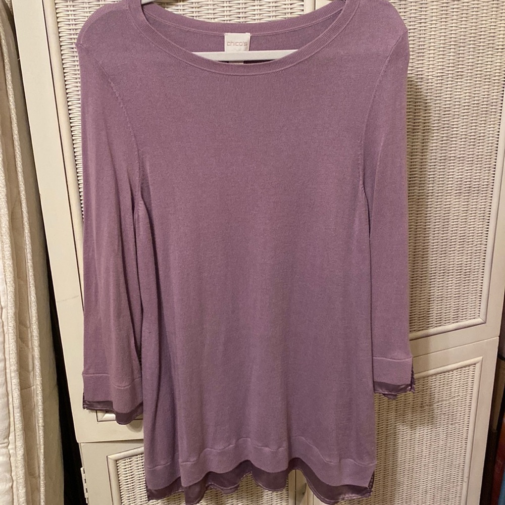 Chico’s lavender sweater with satin cuffs and hemline. Super soft